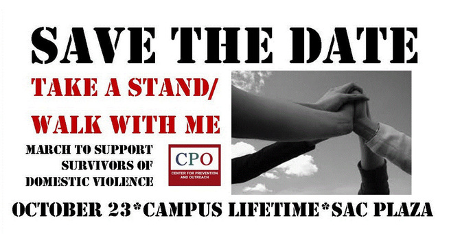 Flyer for Take a stand, Walk with me, domestic violence awareness walk, 1 to 2pm October 23